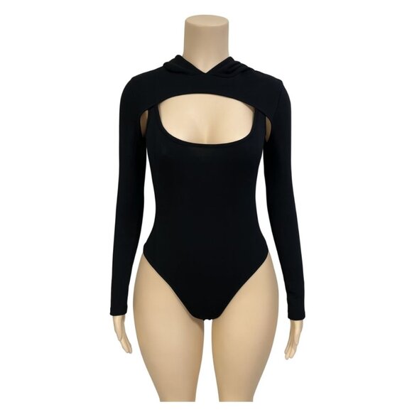 NEW Prettylittlething Black Cut Out Long Sleeve Hooded Bodysuit NWT - Size 2 - Picture 1 of 8